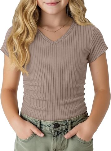 Girl's Shirts Kids Short Cap Sleeve Ribbed Knit Tees V Neck Slim Fit Stretchy T-Shirt Casual Basic Summer Tops in Kuwait