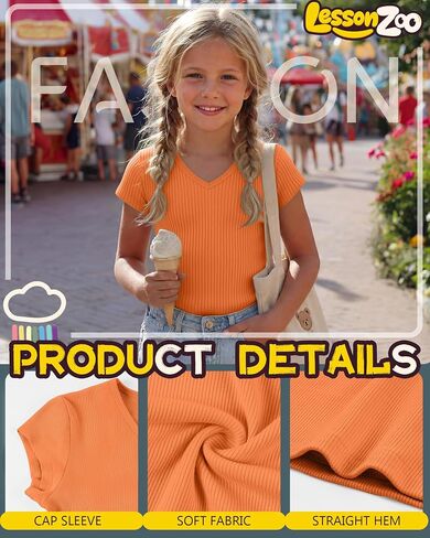 Girl's Shirts Kids Short Cap Sleeve Ribbed Knit Tees V Neck Slim Fit Stretchy T-Shirt Casual Basic Summer Tops in Kuwait