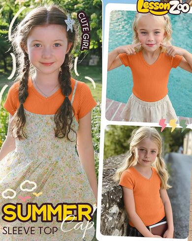 Girl's Shirts Kids Short Cap Sleeve Ribbed Knit Tees V Neck Slim Fit Stretchy T-Shirt Casual Basic Summer Tops in Kuwait