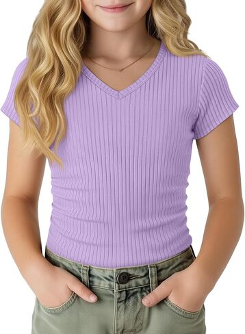 Girl's Shirts Kids Short Cap Sleeve Ribbed Knit Tees V Neck Slim Fit Stretchy T-Shirt Casual Basic Summer Tops in Kuwait