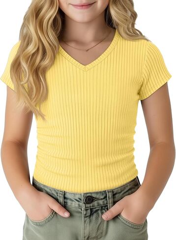 Girl's Shirts Kids Short Cap Sleeve Ribbed Knit Tees V Neck Slim Fit Stretchy T-Shirt Casual Basic Summer Tops in Kuwait