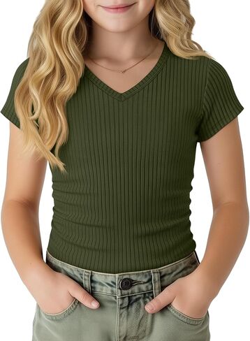 Girl's Shirts Kids Short Cap Sleeve Ribbed Knit Tees V Neck Slim Fit Stretchy T-Shirt Casual Basic Summer Tops in Kuwait