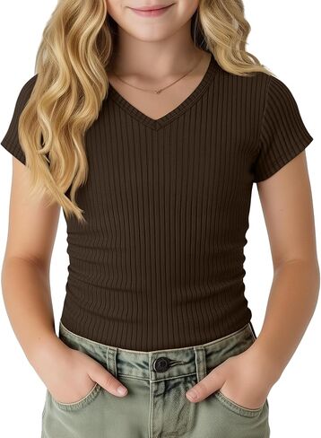Girl's Shirts Kids Short Cap Sleeve Ribbed Knit Tees V Neck Slim Fit Stretchy T-Shirt Casual Basic Summer Tops in Kuwait