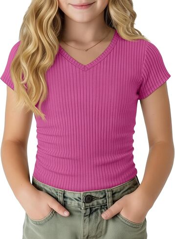 Girl's Shirts Kids Short Cap Sleeve Ribbed Knit Tees V Neck Slim Fit Stretchy T-Shirt Casual Basic Summer Tops in Kuwait