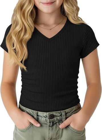 Girl's Shirts Kids Short Cap Sleeve Ribbed Knit Tees V Neck Slim Fit Stretchy T-Shirt Casual Basic Summer Tops in Kuwait