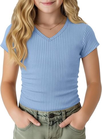 Girl's Shirts Kids Short Cap Sleeve Ribbed Knit Tees V Neck Slim Fit Stretchy T-Shirt Casual Basic Summer Tops in Kuwait