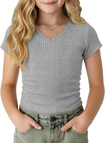 Girl's Shirts Kids Short Cap Sleeve Ribbed Knit Tees V Neck Slim Fit Stretchy T-Shirt Casual Basic Summer Tops in Kuwait