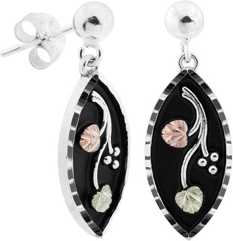 Black Hills Gold Grape Leaf Drop Earrings – Sterling Silver with 12K Rose & Green Gold Leaves, Diamond-Cut Black Enamel Marquise Dangle Earrings in Saudi Arabia