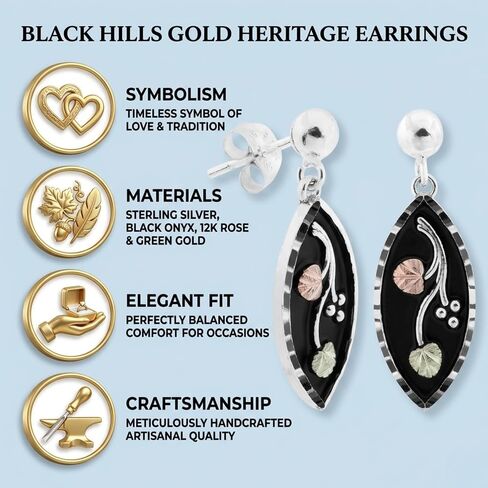 Black Hills Gold Grape Leaf Drop Earrings – Sterling Silver with 12K Rose & Green Gold Leaves, Diamond-Cut Black Enamel Marquise Dangle Earrings in Saudi Arabia