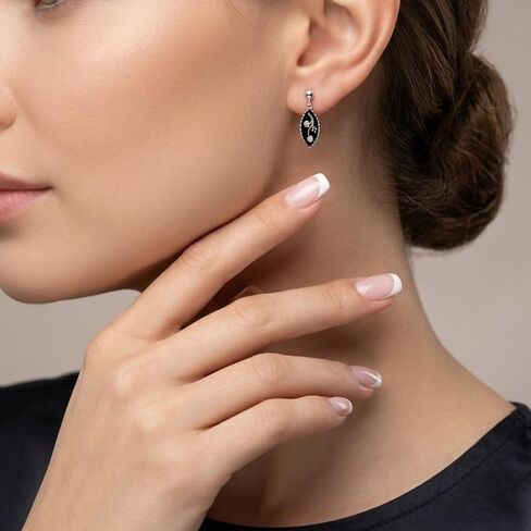Black Hills Gold Grape Leaf Drop Earrings – Sterling Silver with 12K Rose & Green Gold Leaves, Diamond-Cut Black Enamel Marquise Dangle Earrings in Saudi Arabia