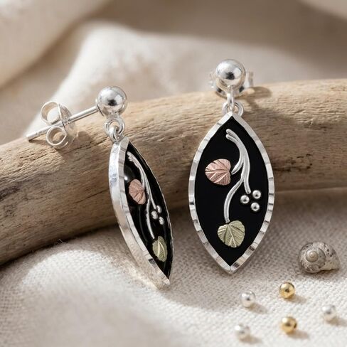 Black Hills Gold Grape Leaf Drop Earrings – Sterling Silver with 12K Rose & Green Gold Leaves, Diamond-Cut Black Enamel Marquise Dangle Earrings in Saudi Arabia