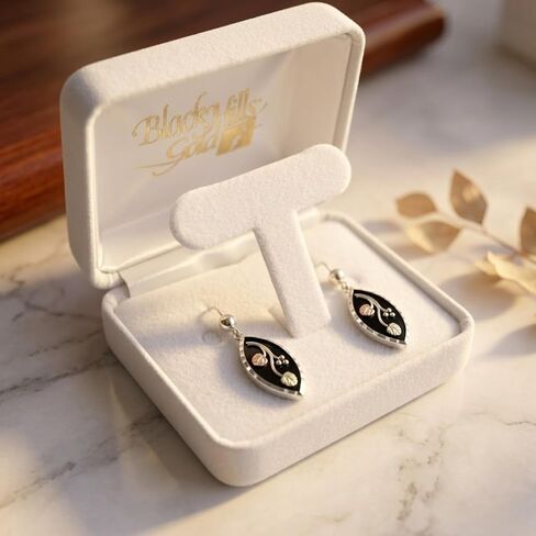 Black Hills Gold Grape Leaf Drop Earrings – Sterling Silver with 12K Rose & Green Gold Leaves, Diamond-Cut Black Enamel Marquise Dangle Earrings in Saudi Arabia
