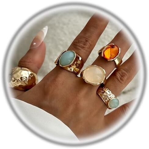 Vintage Colorful Gemstone Rings Set for Women Non Tarnish,Trendy Chunky Stackable Rings Dainty Thick Adjustable Round Dome Ring Pack Aesthetic Statement Jewelry in Saudi Arabia