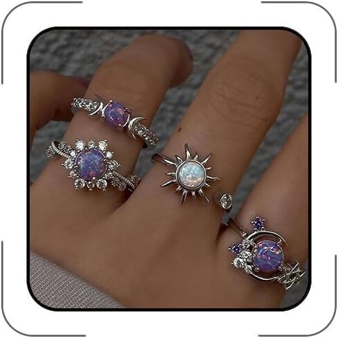 Chunky Purple Crystal Thumb Rings Set for Women Non Tarnish Stackable Opal Sun Star Moon Knuckle Artificial Rhinestones Trendy Boho Ring Fashion Jewelry Accessary Trendy Jewelry Gifts in Kuwait