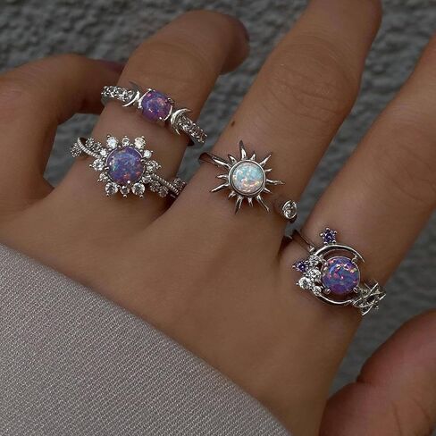 Chunky Purple Crystal Thumb Rings Set for Women Non Tarnish Stackable Opal Sun Star Moon Knuckle Artificial Rhinestones Trendy Boho Ring Fashion Jewelry Accessary Trendy Jewelry Gifts in Kuwait