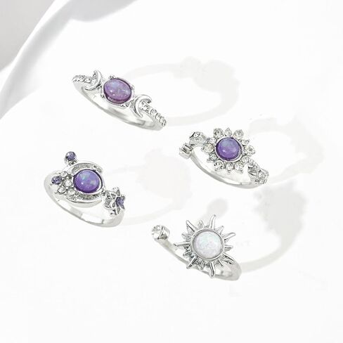 Chunky Purple Crystal Thumb Rings Set for Women Non Tarnish Stackable Opal Sun Star Moon Knuckle Artificial Rhinestones Trendy Boho Ring Fashion Jewelry Accessary Trendy Jewelry Gifts in Kuwait