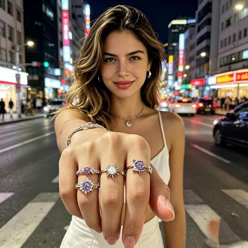 Chunky Purple Crystal Thumb Rings Set for Women Non Tarnish Stackable Opal Sun Star Moon Knuckle Artificial Rhinestones Trendy Boho Ring Fashion Jewelry Accessary Trendy Jewelry Gifts in Kuwait