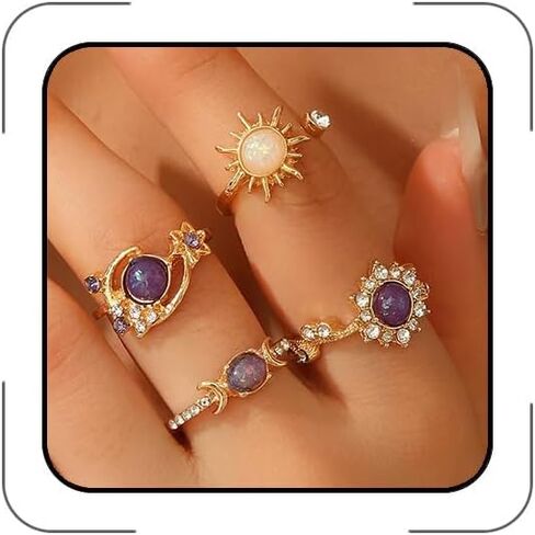 Chunky Purple Crystal Thumb Rings Set for Women Non Tarnish Stackable Opal Sun Star Moon Knuckle Artificial Rhinestones Trendy Boho Ring Fashion Jewelry Accessary Trendy Jewelry Gifts in Kuwait