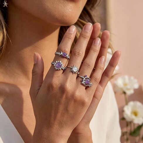 Chunky Purple Crystal Thumb Rings Set for Women Non Tarnish Stackable Opal Sun Star Moon Knuckle Artificial Rhinestones Trendy Boho Ring Fashion Jewelry Accessary Trendy Jewelry Gifts in Kuwait