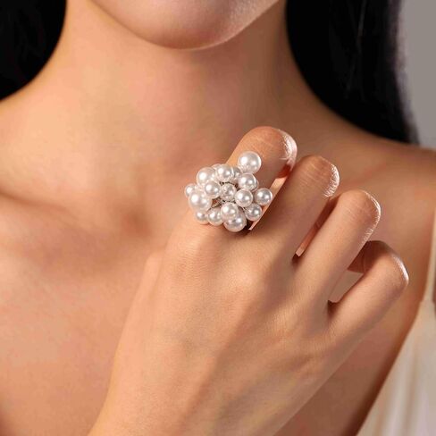 18K White Gold Plated Ring with Genuine Pearl, Stackable Rings for Women, Size 7/8/9, Elegant Jewelry Gift for Girlfriend, Wife, Birthday, Christmas, Mother’s Day, Wedding in Saudi Arabia