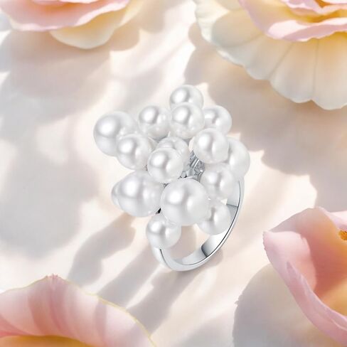 18K White Gold Plated Ring with Genuine Pearl, Stackable Rings for Women, Size 7/8/9, Elegant Jewelry Gift for Girlfriend, Wife, Birthday, Christmas, Mother’s Day, Wedding in Saudi Arabia