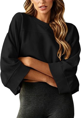 Dailiup Women's Cropped Sweatshirts Oversized Crew Neck Pullovers 3/4 Sleeve Loose Fit Summer Fall Tops 2026 Trendy in Saudi Arabia