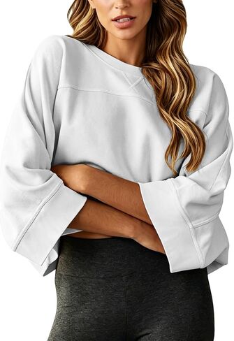 Dailiup Women's Cropped Sweatshirts Oversized Crew Neck Pullovers 3/4 Sleeve Loose Fit Summer Fall Tops 2026 Trendy in Saudi Arabia