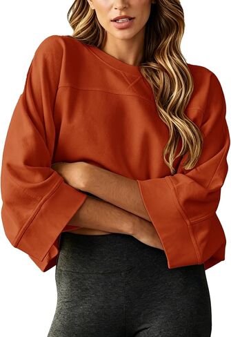 Dailiup Women's Cropped Sweatshirts Oversized Crew Neck Pullovers 3/4 Sleeve Loose Fit Summer Fall Tops 2026 Trendy in Saudi Arabia