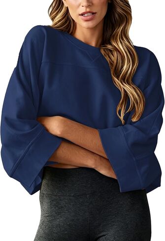 Dailiup Women's Cropped Sweatshirts Oversized Crew Neck Pullovers 3/4 Sleeve Loose Fit Summer Fall Tops 2026 Trendy in Saudi Arabia