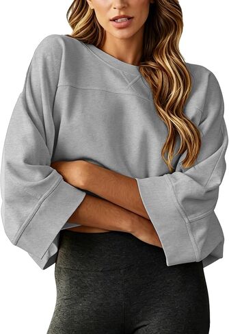 Dailiup Women's Cropped Sweatshirts Oversized Crew Neck Pullovers 3/4 Sleeve Loose Fit Summer Fall Tops 2026 Trendy in Saudi Arabia