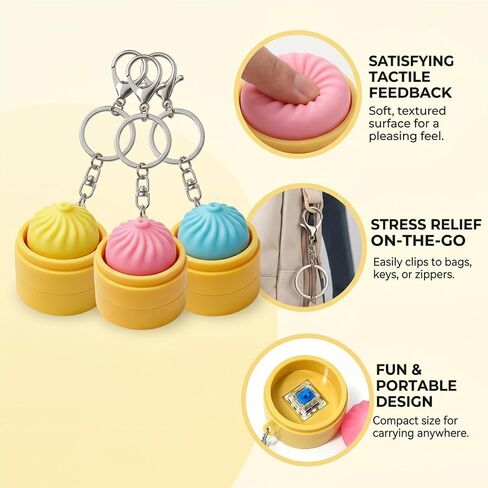 3 PCS Squishy Dumpling Keychain, Dumpling Keychain, Clicker Fidget Tool for Stress Relief and Focus, Random Color Assortment with Durable Carabiner Clip for Bags and Keys in Kuwait