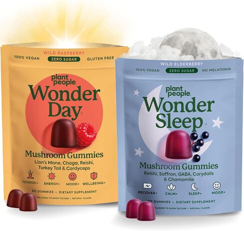 Plant People WonderDay & WonderSleep Mushroom Gummies Bundle – Daily Energy, Mood & Immune Support + Nighttime Sleep & Relaxation – Vegan - 60 Count Each in Saudi Arabia