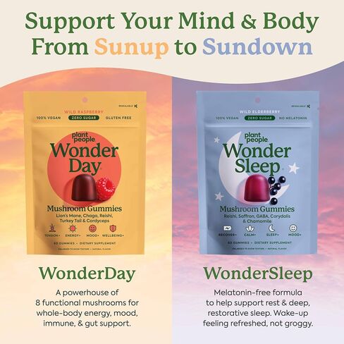 Plant People WonderDay & WonderSleep Mushroom Gummies Bundle – Daily Energy, Mood & Immune Support + Nighttime Sleep & Relaxation – Vegan - 60 Count Each in Saudi Arabia