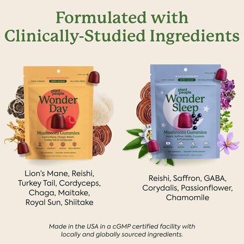 Plant People WonderDay & WonderSleep Mushroom Gummies Bundle – Daily Energy, Mood & Immune Support + Nighttime Sleep & Relaxation – Vegan - 60 Count Each in Saudi Arabia
