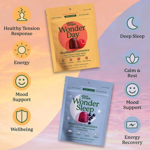 Plant People WonderDay & WonderSleep Mushroom Gummies Bundle – Daily Energy, Mood & Immune Support + Nighttime Sleep & Relaxation – Vegan - 60 Count Each in Saudi Arabia