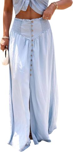 ebossy المرأة الصيف Smocked الخصر الدنيم تنانير طويلة الجبهة الشق زر Flowy شامبراي التنانير in Kuwait