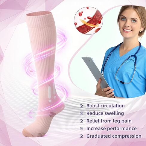 Cute Compression Socks for Women 15-20mmHg Thick Cotton Compression Socks Knee High Support for Nurse Pregnancy Flying Travel in Kuwait