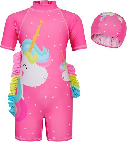 Girls Summer UV Protection One-Piece Swimsuit Toddler Unicorn Print with Hat for Pool in Saudi Arabia