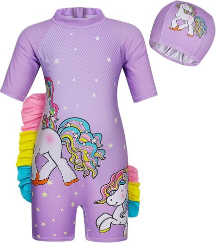 Girls Summer UV Protection One-Piece Swimsuit Toddler Unicorn Print with Hat for Pool in Saudi Arabia