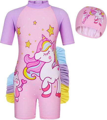 Girls Summer UV Protection One-Piece Swimsuit Toddler Unicorn Print with Hat for Pool in Saudi Arabia