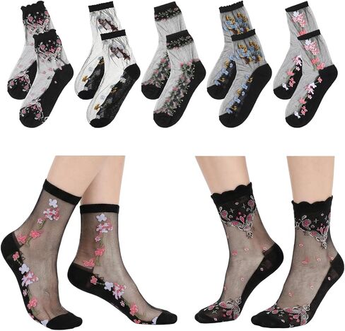 5Pairs Floral Sheer Socks Women Ankle, Transparent Black Lace Ultra Thin Floral Socks See Through Sock in Saudi Arabia