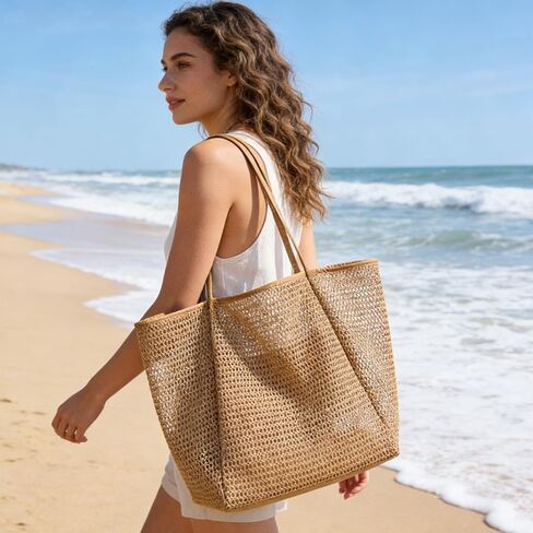 Women's mesh beach bag, summer travel mesh tote bag with large inner pocket, essential for pool vacation beach in Saudi Arabia