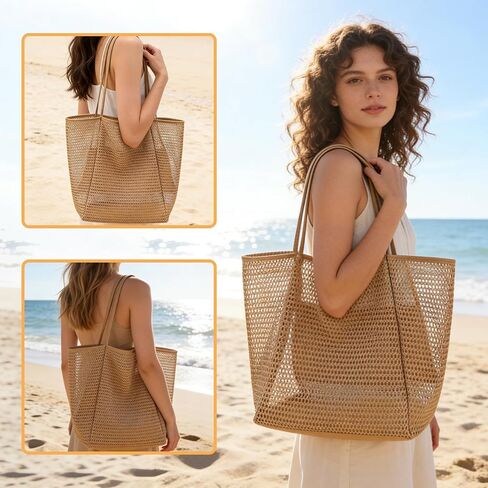 Women's mesh beach bag, summer travel mesh tote bag with large inner pocket, essential for pool vacation beach in Saudi Arabia