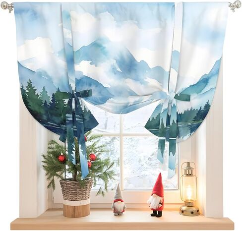 Forest Mountain Tie Up Curtains for Windows 45 Inch Length Balloon Curtains Kitchen Adjustable Balloon Window Shade Watercolor Natural Trees Lake Landscape Tie Up Bathroom Curtain Window 52"x45" in Saudi Arabia