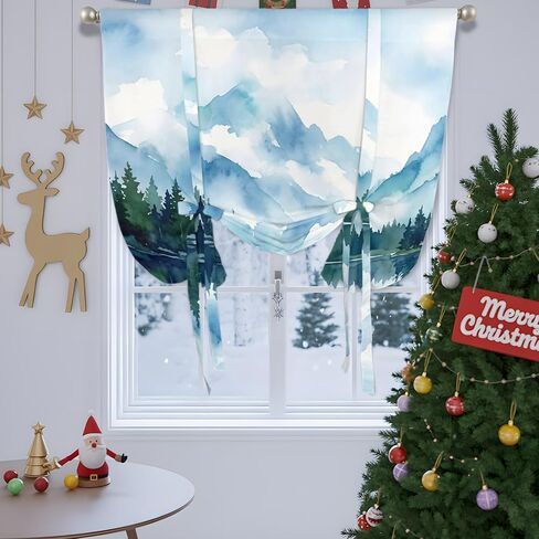 Forest Mountain Tie Up Curtains for Windows 45 Inch Length Balloon Curtains Kitchen Adjustable Balloon Window Shade Watercolor Natural Trees Lake Landscape Tie Up Bathroom Curtain Window 52"x45" in Saudi Arabia