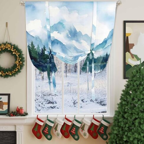 Forest Mountain Tie Up Curtains for Windows 45 Inch Length Balloon Curtains Kitchen Adjustable Balloon Window Shade Watercolor Natural Trees Lake Landscape Tie Up Bathroom Curtain Window 52"x45" in Saudi Arabia