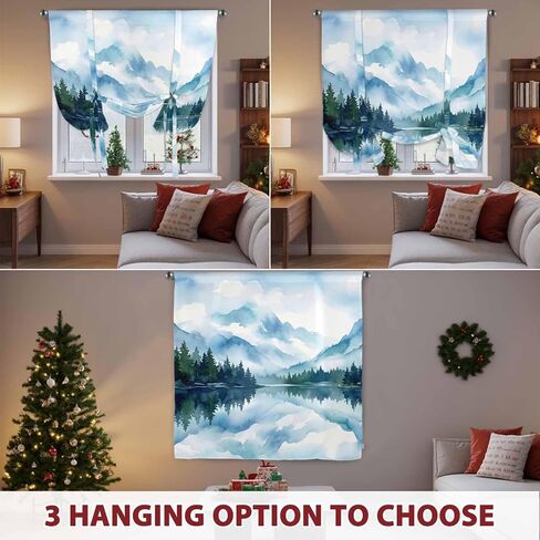 Forest Mountain Tie Up Curtains for Windows 45 Inch Length Balloon Curtains Kitchen Adjustable Balloon Window Shade Watercolor Natural Trees Lake Landscape Tie Up Bathroom Curtain Window 52"x45" in Saudi Arabia