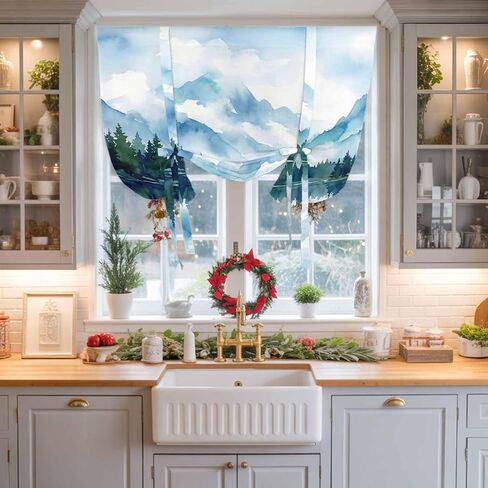Forest Mountain Tie Up Curtains for Windows 45 Inch Length Balloon Curtains Kitchen Adjustable Balloon Window Shade Watercolor Natural Trees Lake Landscape Tie Up Bathroom Curtain Window 52"x45" in Saudi Arabia