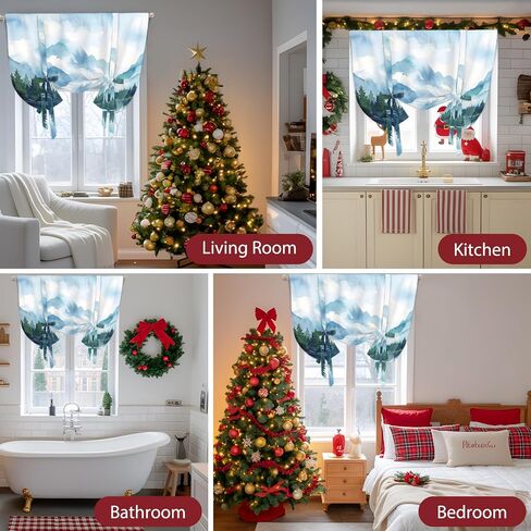Forest Mountain Tie Up Curtains for Windows 45 Inch Length Balloon Curtains Kitchen Adjustable Balloon Window Shade Watercolor Natural Trees Lake Landscape Tie Up Bathroom Curtain Window 52"x45" in Saudi Arabia