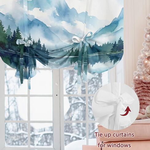 Forest Mountain Tie Up Curtains for Windows 45 Inch Length Balloon Curtains Kitchen Adjustable Balloon Window Shade Watercolor Natural Trees Lake Landscape Tie Up Bathroom Curtain Window 52"x45" in Saudi Arabia